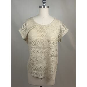 Crochet Top Cream Block Boho Pattern Cottage Core Short‎ Sleeve Women's